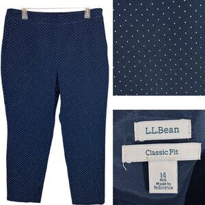 LL Bean Ankle Pants Sz‎ 14 Large Navy Blue Polka Dot Classic Fit Stretch Cropped